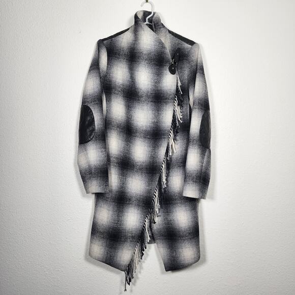 Tasha Polizzi Fringe Wrap Coat Western Ranch Plaid Wool Elbow Patches Size Small - Picture 5 of 11